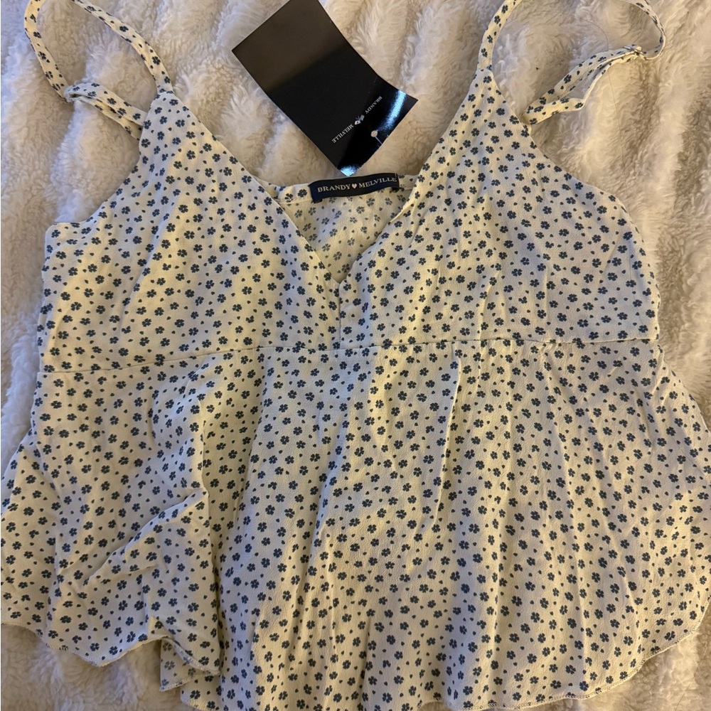 Brandy Melville White and Blue Floral Camisole